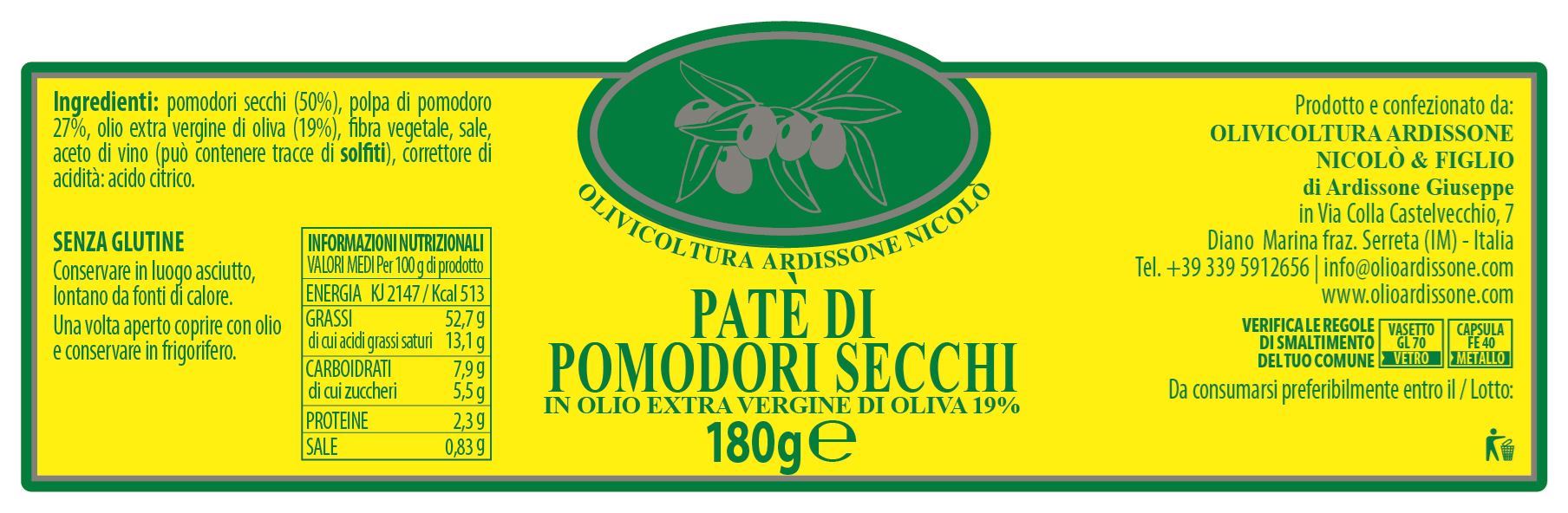 Il nostro pate’ mantiene la caratteristica del sapore delle olive taggiasche esaltandone il gusto particolarmente adatto per ogni tipo di cucina , macinato fine lo rende anche spalmabile . Coprire con un filo d’olio dopo l’ apertura